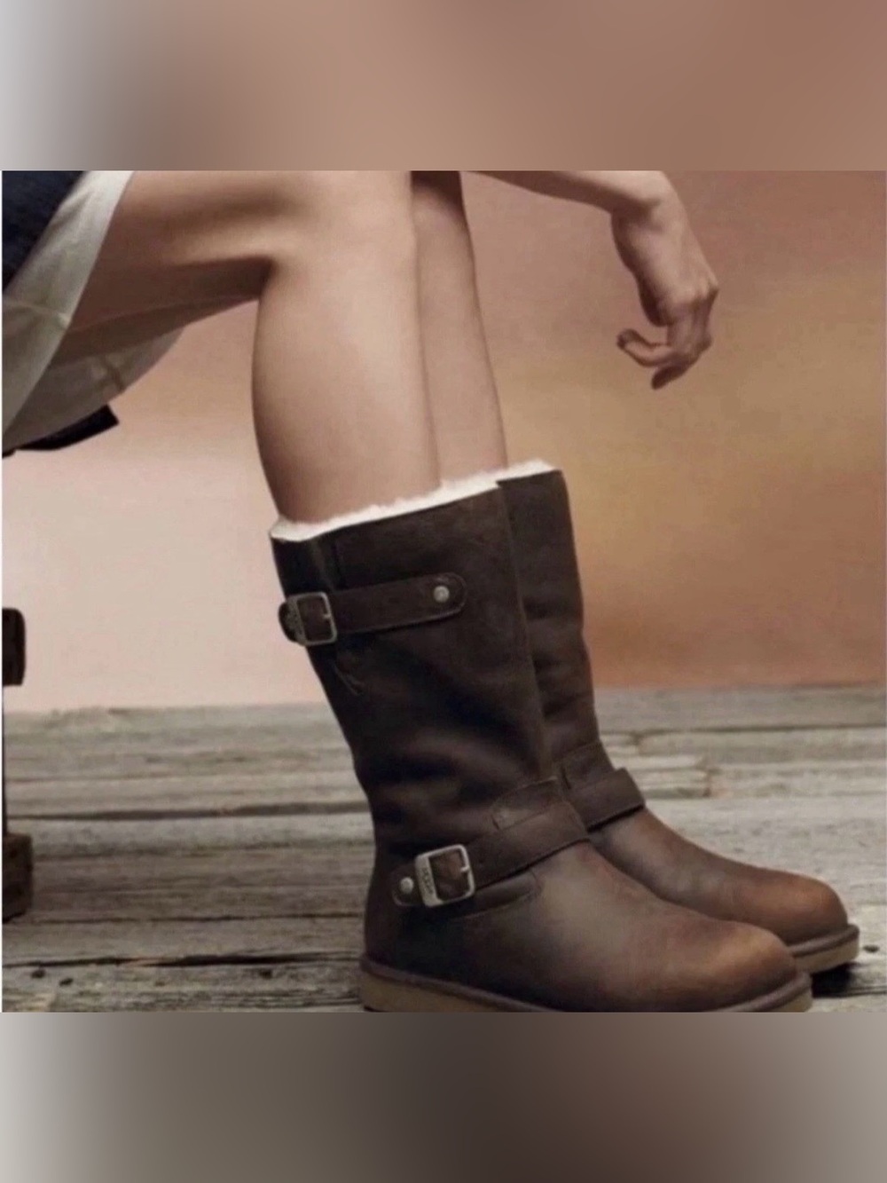 UGG 5678 Kensington Brown Leather Shearling Lined Buckle Moto Boots Women 9 Cozy